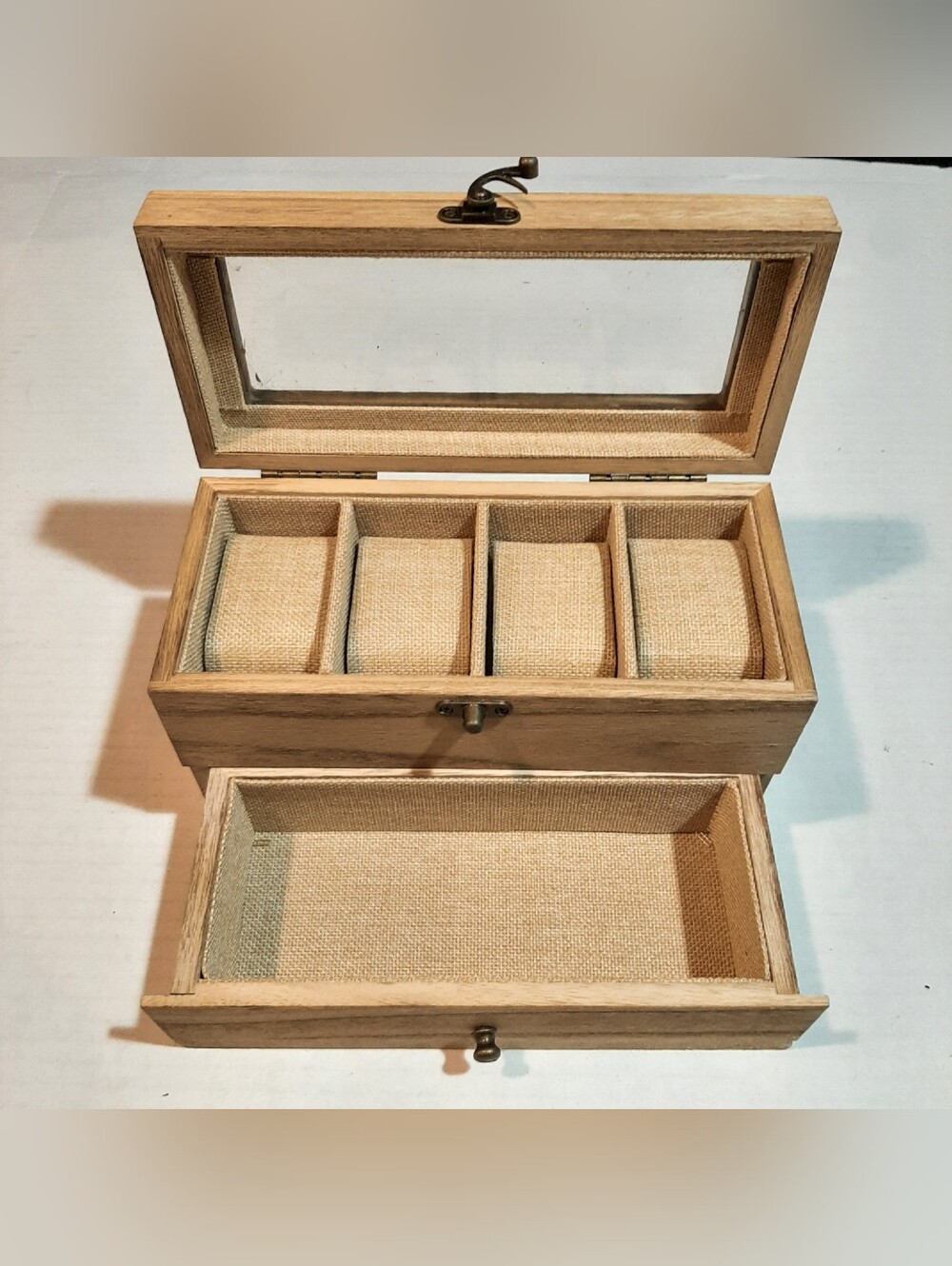 Two-tier wooden watch and jewelry storage box